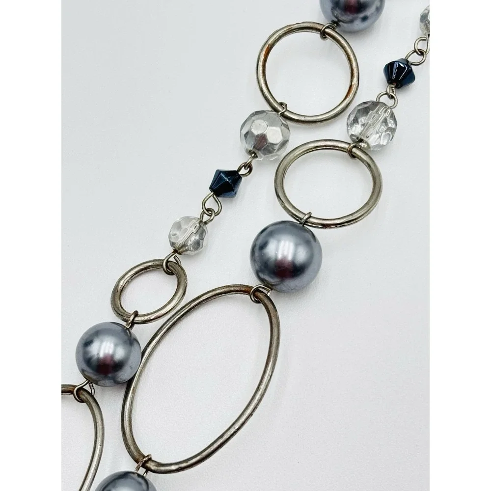 Lia Sophia Long Statement‎ Necklace Silver Tone Faux Pearl Beaded 30
